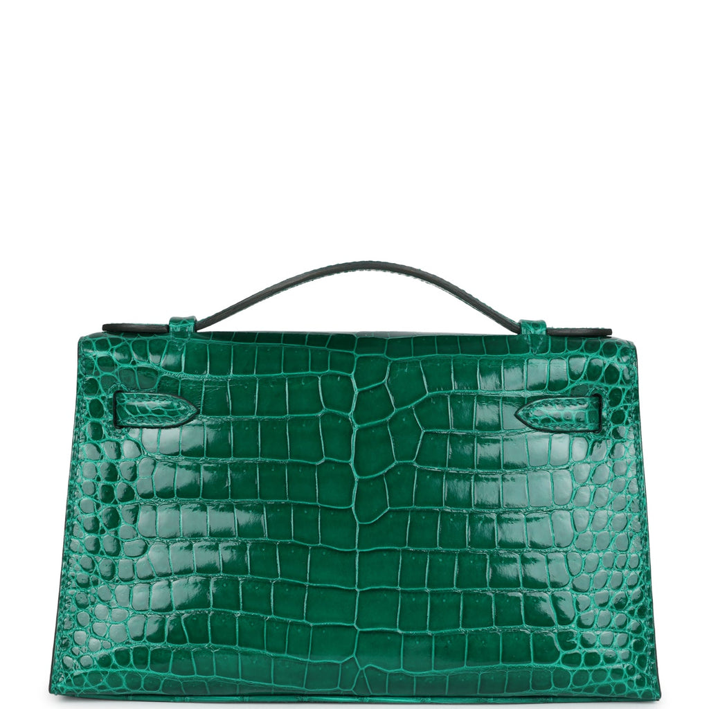 Hermes Kelly Pochette Emerald Shiny Porosus Crocodile Gold Hardware - Exclusu
