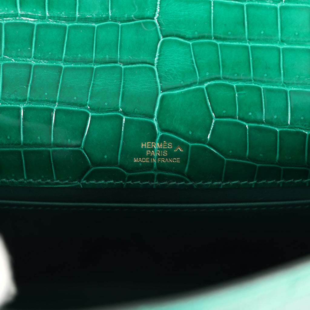 Hermes Kelly Pochette Emerald Shiny Porosus Crocodile Gold Hardware - Exclusu