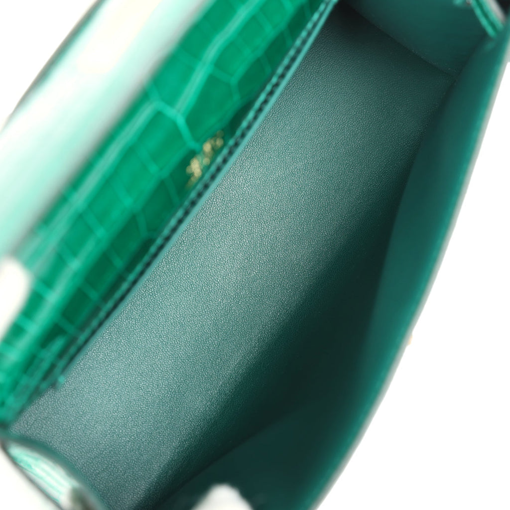 Hermes Kelly Pochette Emerald Shiny Porosus Crocodile Gold Hardware - Exclusu