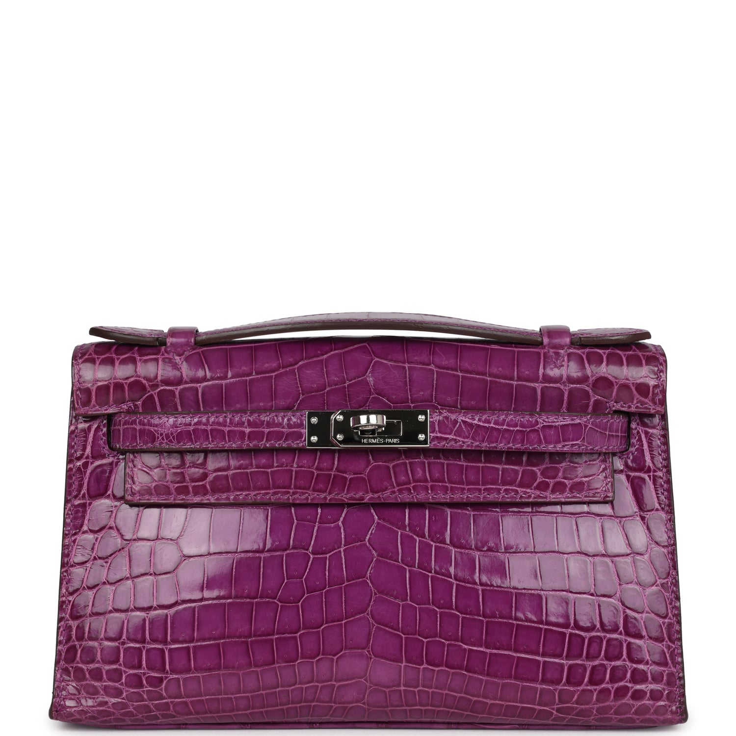 Hermes Kelly Pochette Violet Shiny Niloticus Crocodile Palladium Hardware - Exclusu