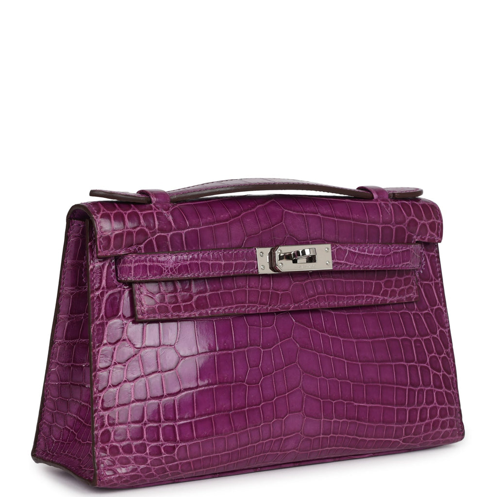 Hermes Kelly Pochette Violet Shiny Niloticus Crocodile Palladium Hardware - Exclusu