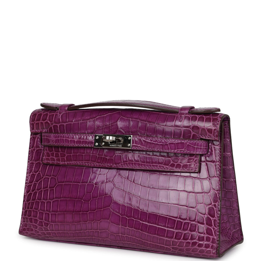 Hermes Kelly Pochette Violet Shiny Niloticus Crocodile Palladium Hardware - Exclusu