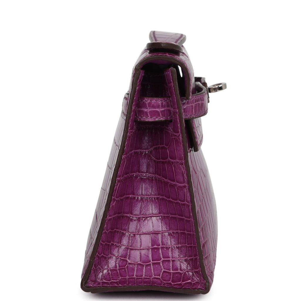 Hermes Kelly Pochette Violet Shiny Niloticus Crocodile Palladium Hardware - Exclusu