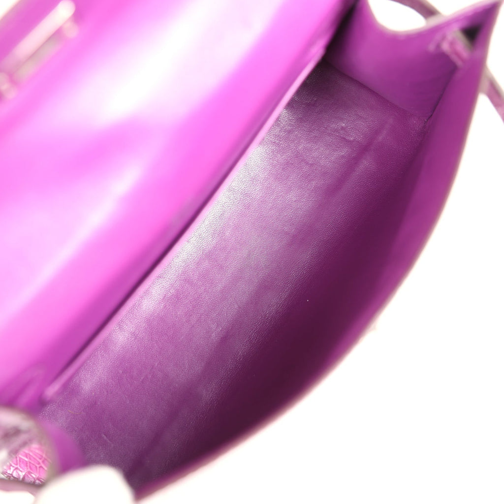 Hermes Kelly Pochette Violet Shiny Niloticus Crocodile Palladium Hardware - Exclusu