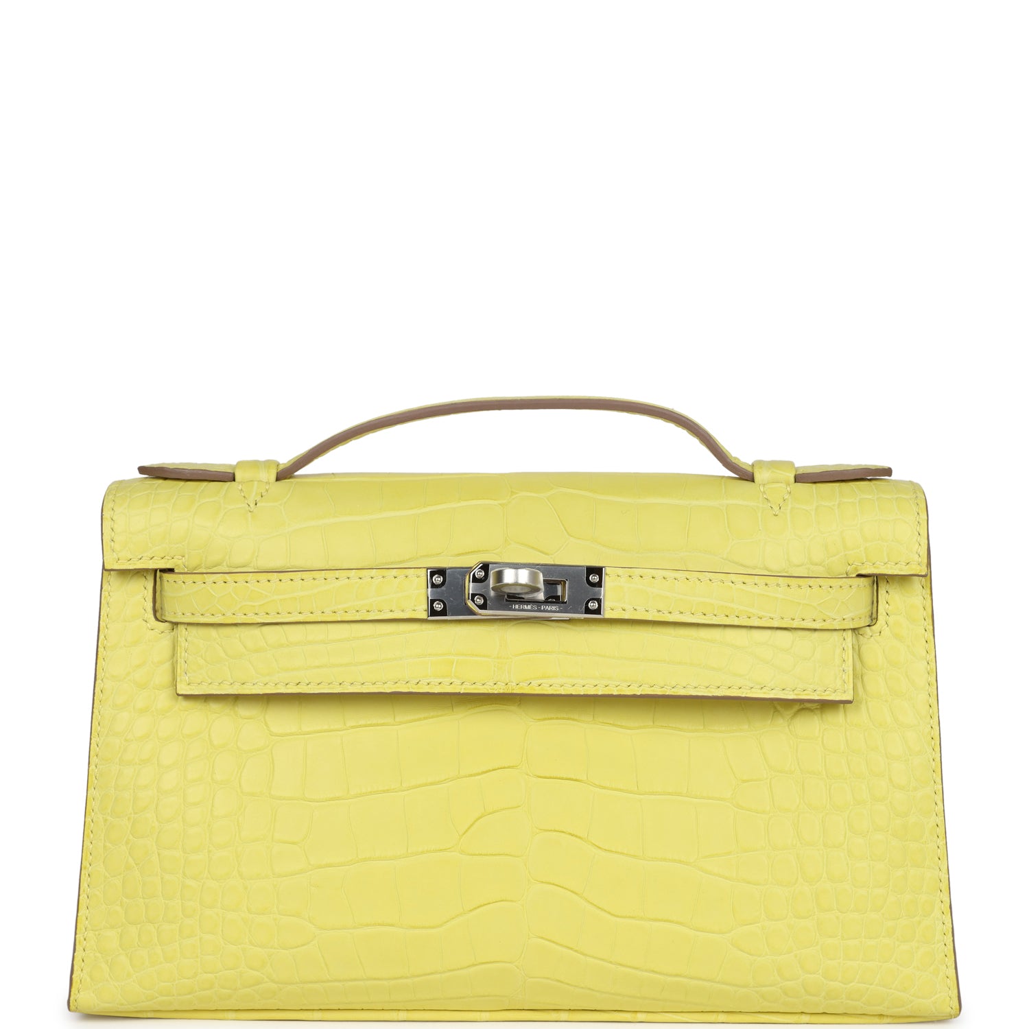 Hermes Kelly Pochette Lime Matte Alligator Palladium Hardware - Exclusu