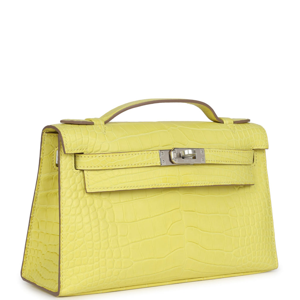 Hermes Kelly Pochette Lime Matte Alligator Palladium Hardware - Exclusu