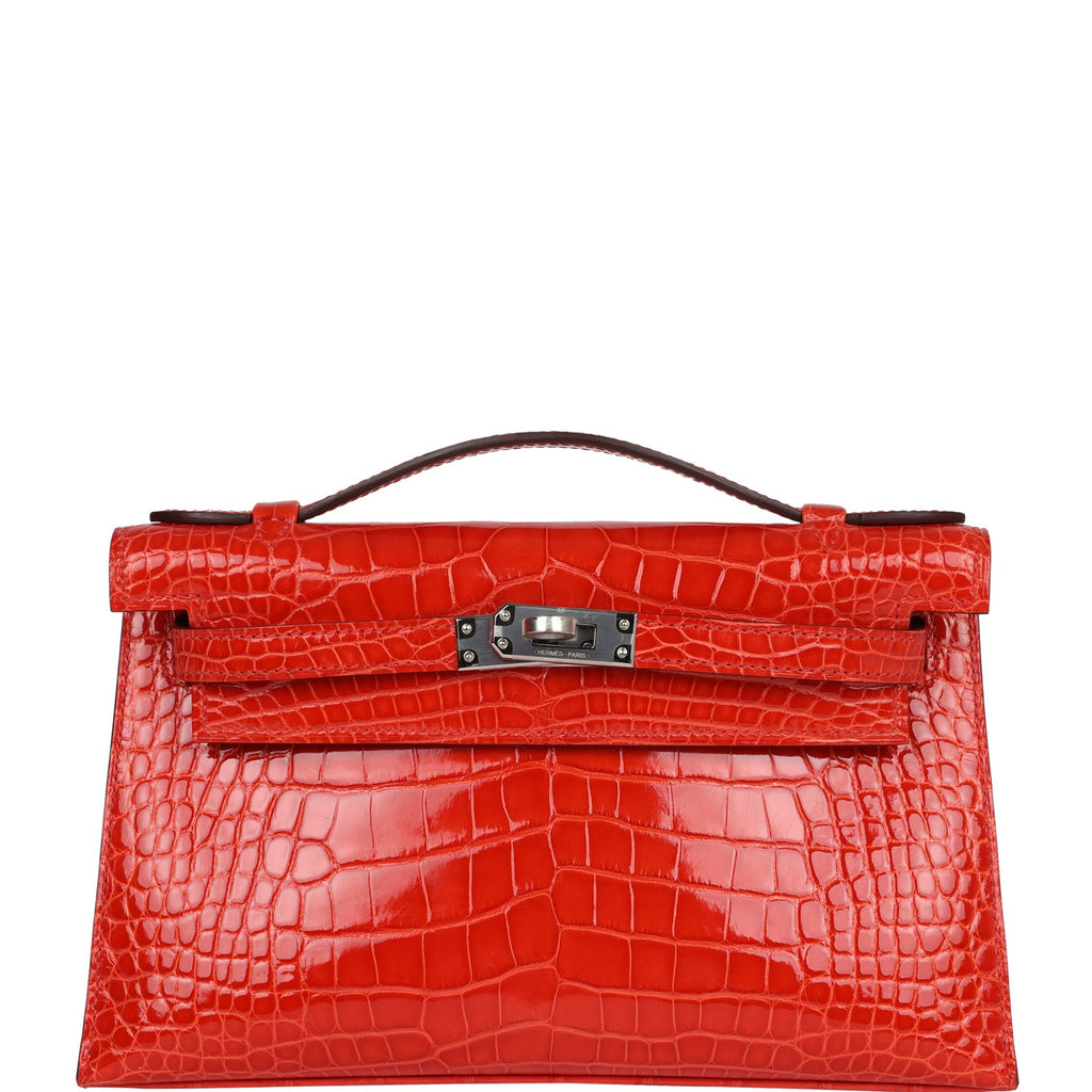 Hermes Kelly Pochette Orange Poppy Shiny Alligator Palladium Hardware - Exclusu