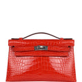 Hermes Kelly Pochette Orange Poppy Shiny Alligator Palladium Hardware - Exclusu