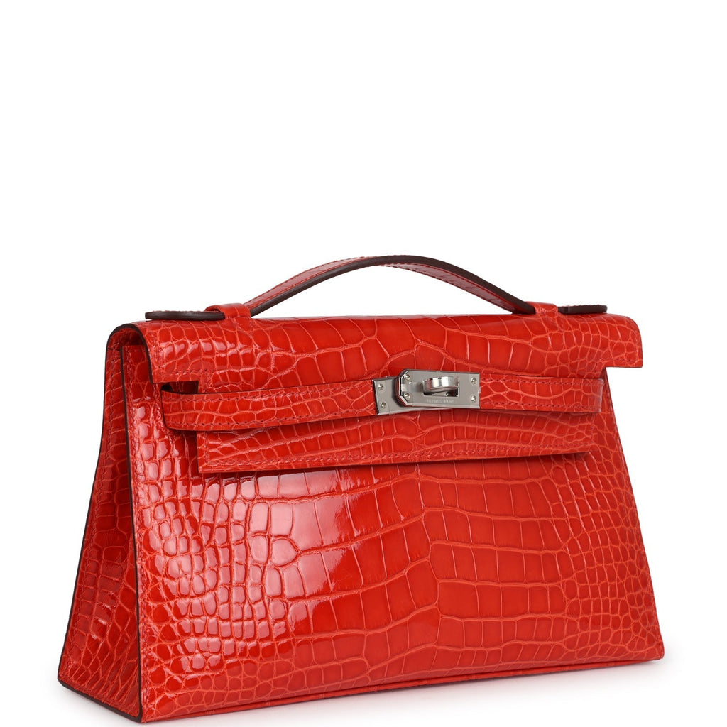 Hermes Kelly Pochette Orange Poppy Shiny Alligator Palladium Hardware - Exclusu