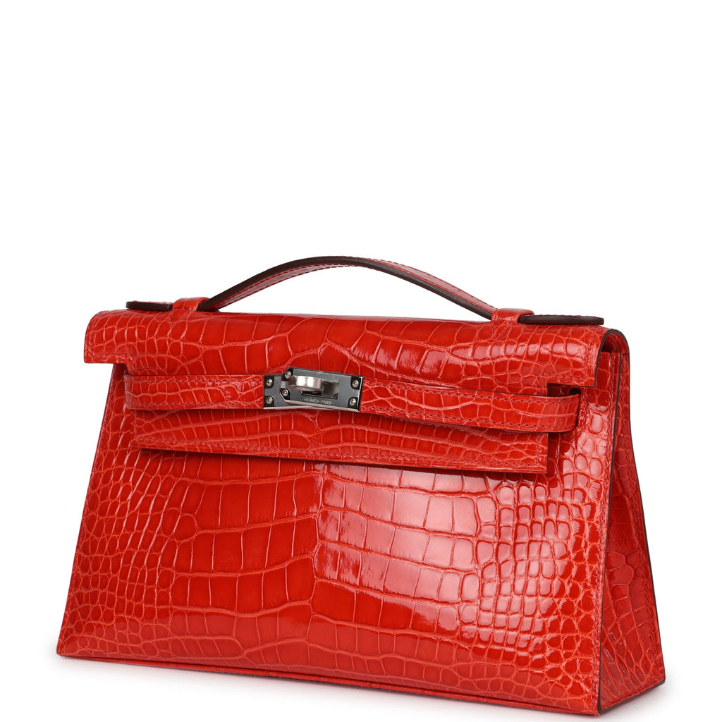 Hermes Kelly Pochette Orange Poppy Shiny Alligator Palladium Hardware - Exclusu
