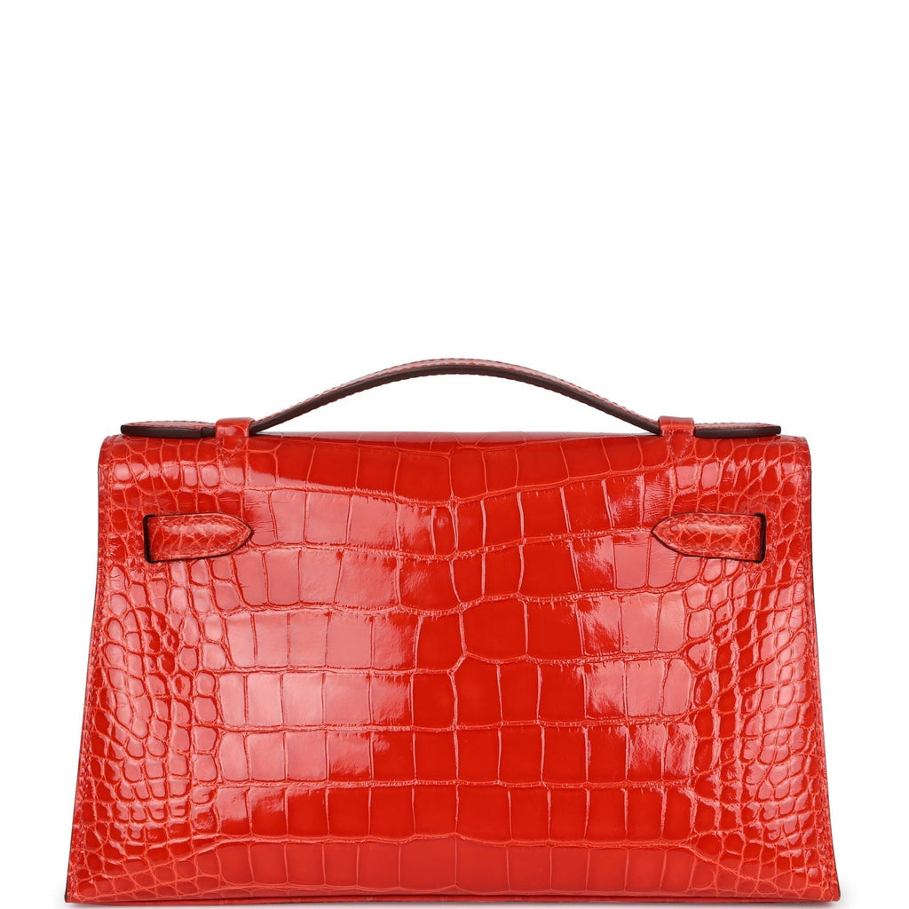 Hermes Kelly Pochette Orange Poppy Shiny Alligator Palladium Hardware - Exclusu