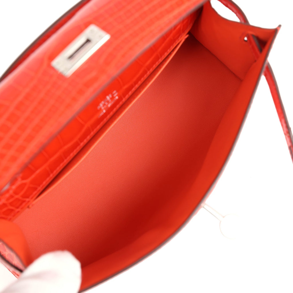 Hermes Kelly Pochette Orange Poppy Shiny Alligator Palladium Hardware - Exclusu