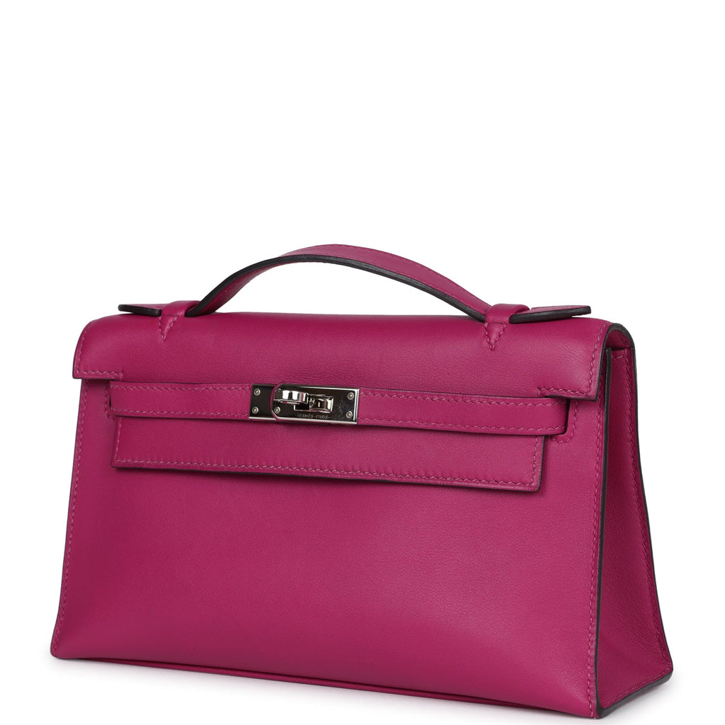 Hermes Kelly Pochette Rose Pourpre Swift Palladium Hardware - Exclusu