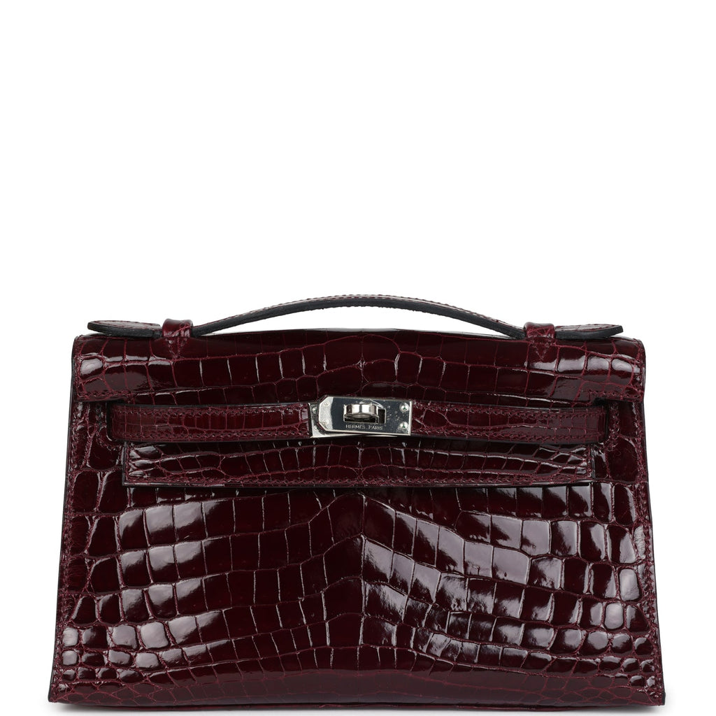 Hermes Kelly Pochette Bordeaux Shiny Niloticus Crocodile Palladium Hardware - Exclusu