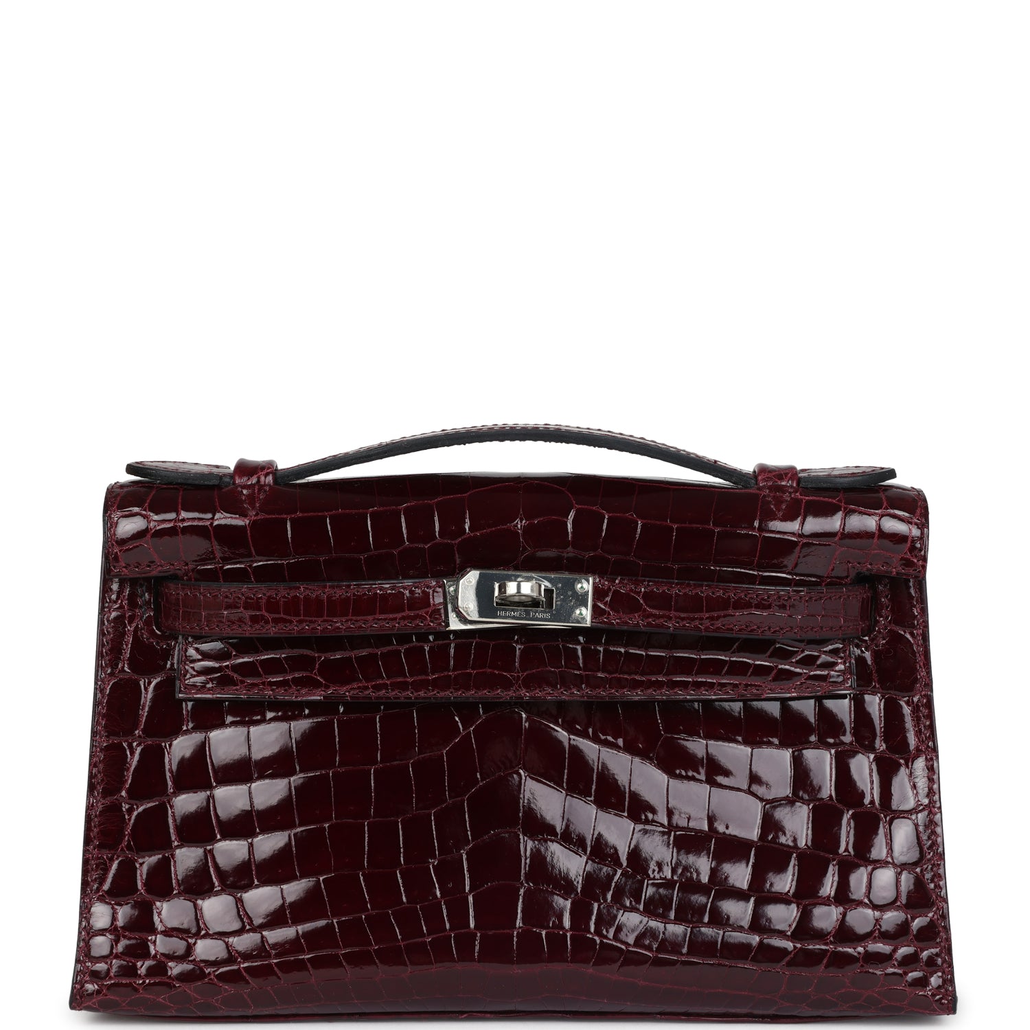 Hermes Kelly Pochette Bordeaux Shiny Niloticus Crocodile Palladium Hardware - Exclusu
