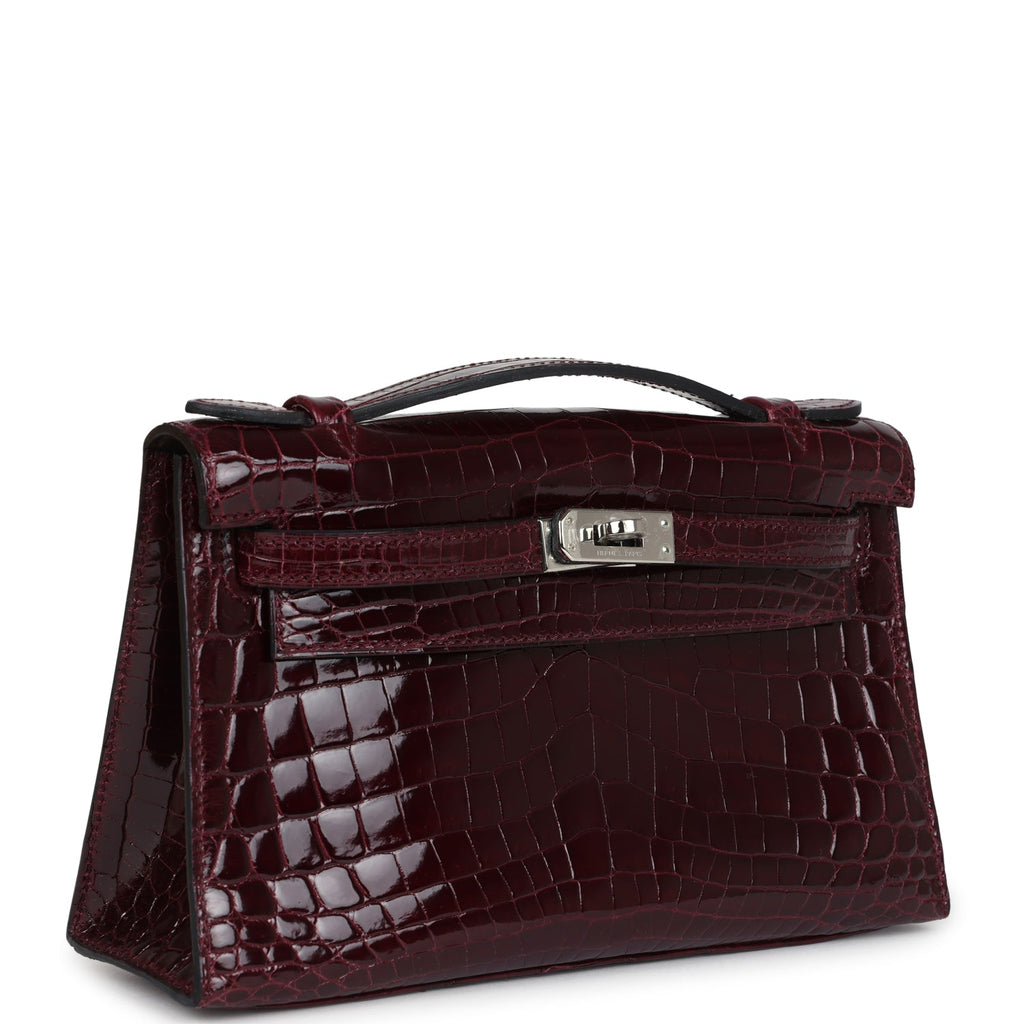 Hermes Kelly Pochette Bordeaux Shiny Niloticus Crocodile Palladium Hardware - Exclusu