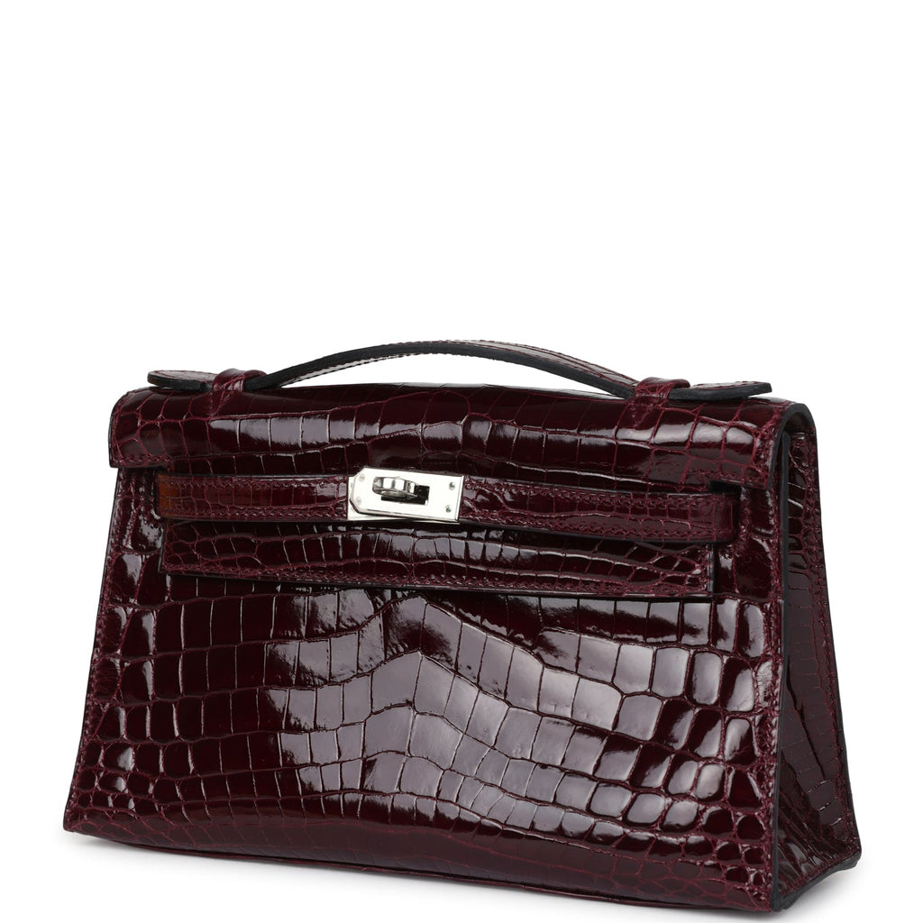 Hermes Kelly Pochette Bordeaux Shiny Niloticus Crocodile Palladium Hardware - Exclusu