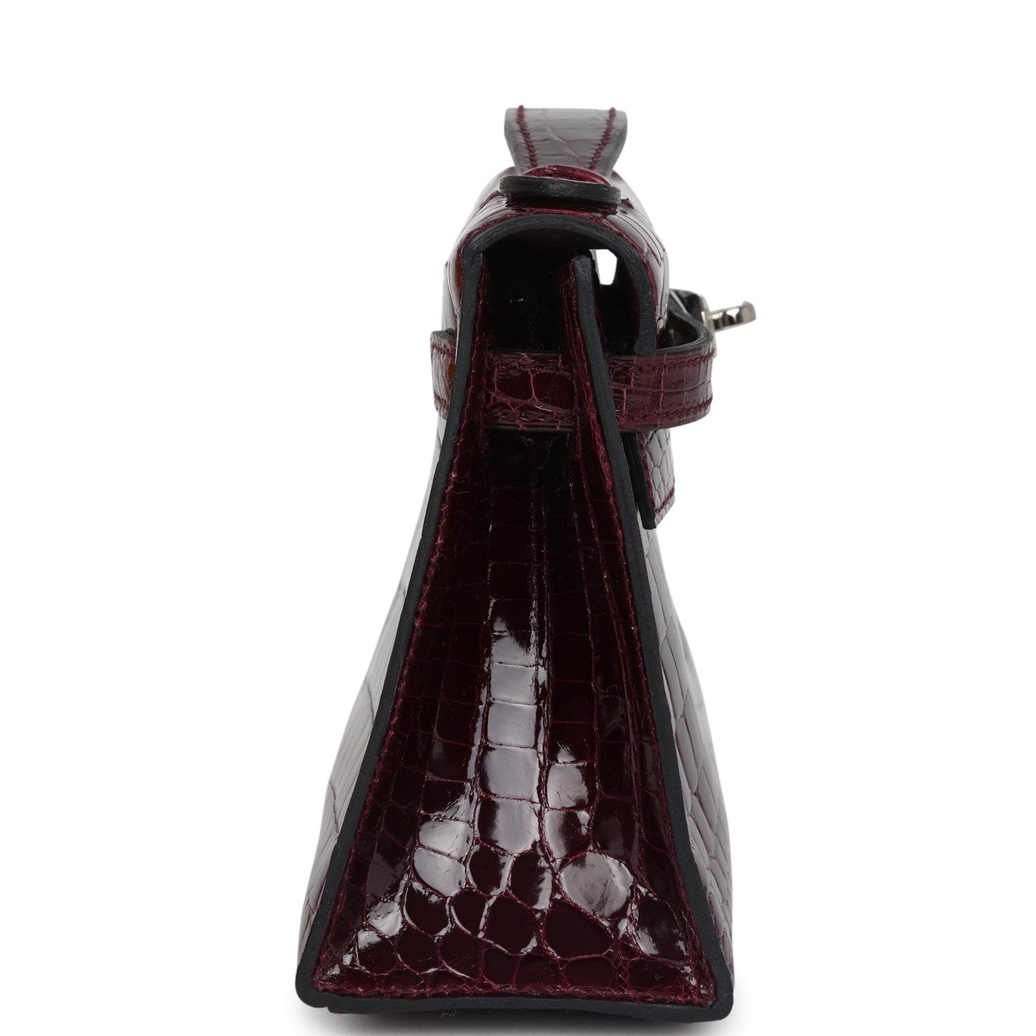 Hermes Kelly Pochette Bordeaux Shiny Niloticus Crocodile Palladium Hardware - Exclusu