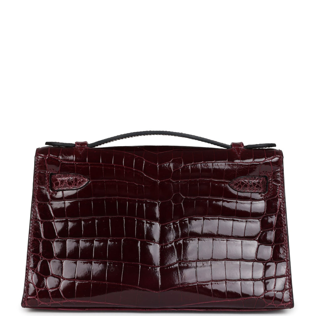 Hermes Kelly Pochette Bordeaux Shiny Niloticus Crocodile Palladium Hardware - Exclusu