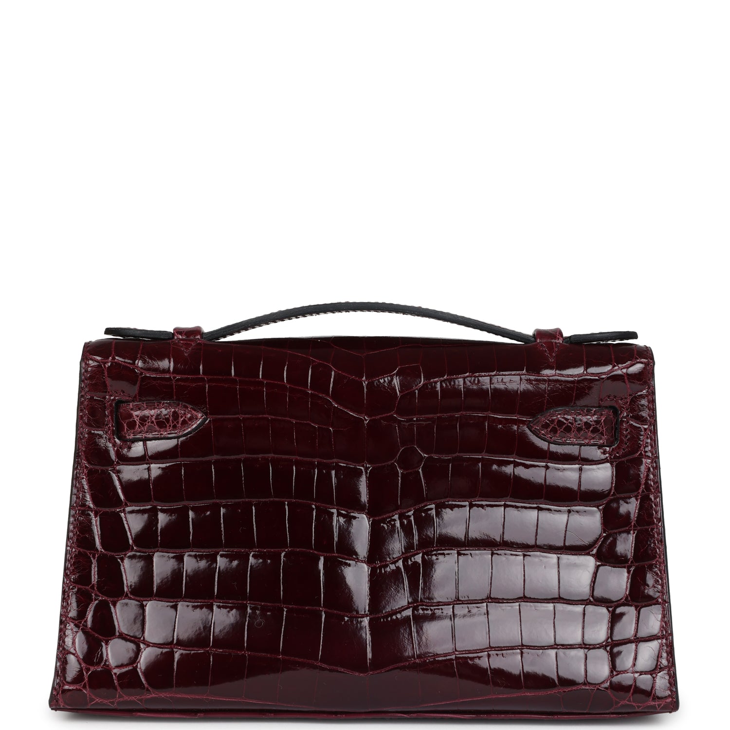 Hermes Kelly Pochette Bordeaux Shiny Niloticus Crocodile Palladium Hardware - Exclusu