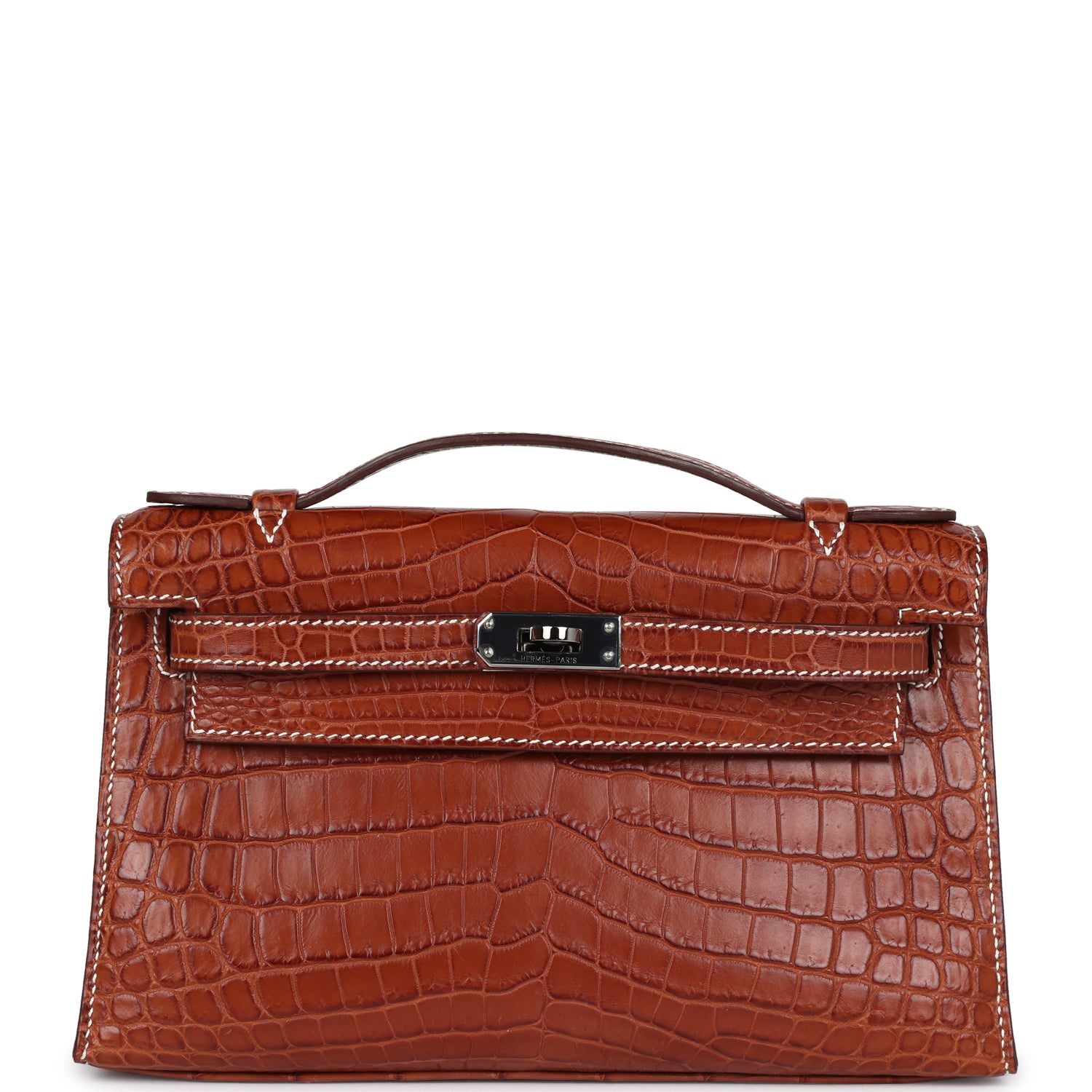Hermes Kelly Pochette Fauve Matte Niloticus Crocodile Ruthenium Hardware - Exclusu