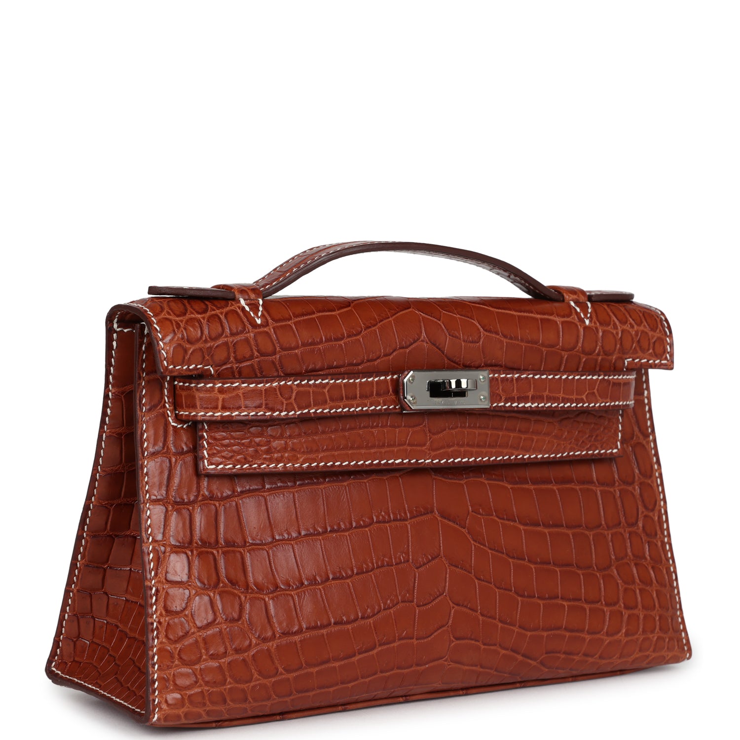 Hermes Kelly Pochette Fauve Matte Niloticus Crocodile Ruthenium Hardware - Exclusu