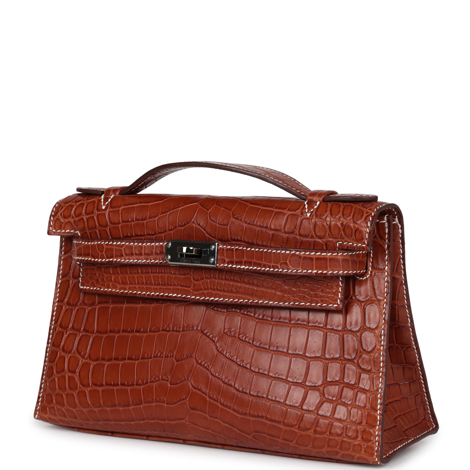 Hermes Kelly Pochette Fauve Matte Niloticus Crocodile Ruthenium Hardware - Exclusu