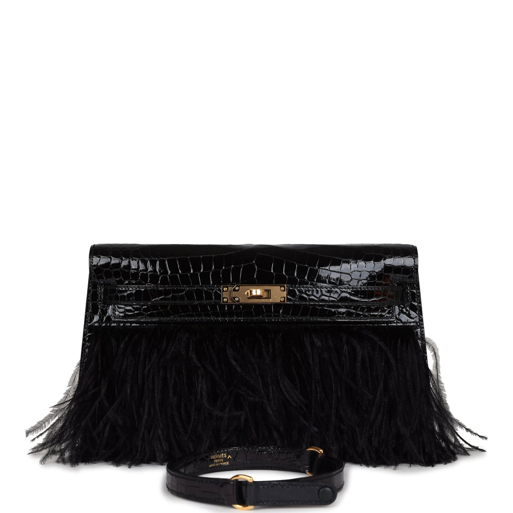 Hermes Kelly Elan Foile Black Shiny Porosus Crocodile and Ostrich Feather Gold Hardware - Exclusu
