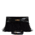 Hermes Kelly Elan Foile Black Shiny Porosus Crocodile and Ostrich Feather Gold Hardware - Exclusu