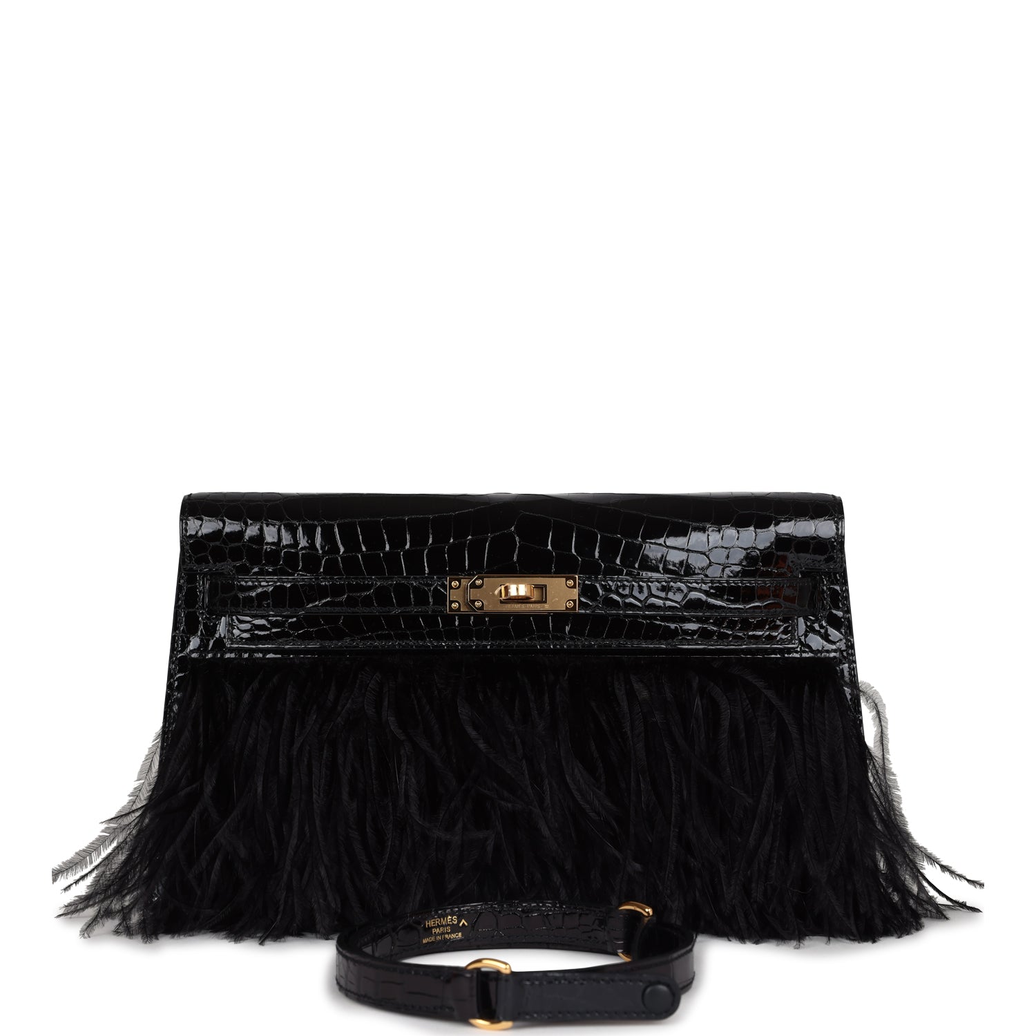 Hermes Kelly Elan Foile Black Shiny Porosus Crocodile and Ostrich Feather Gold Hardware - Exclusu