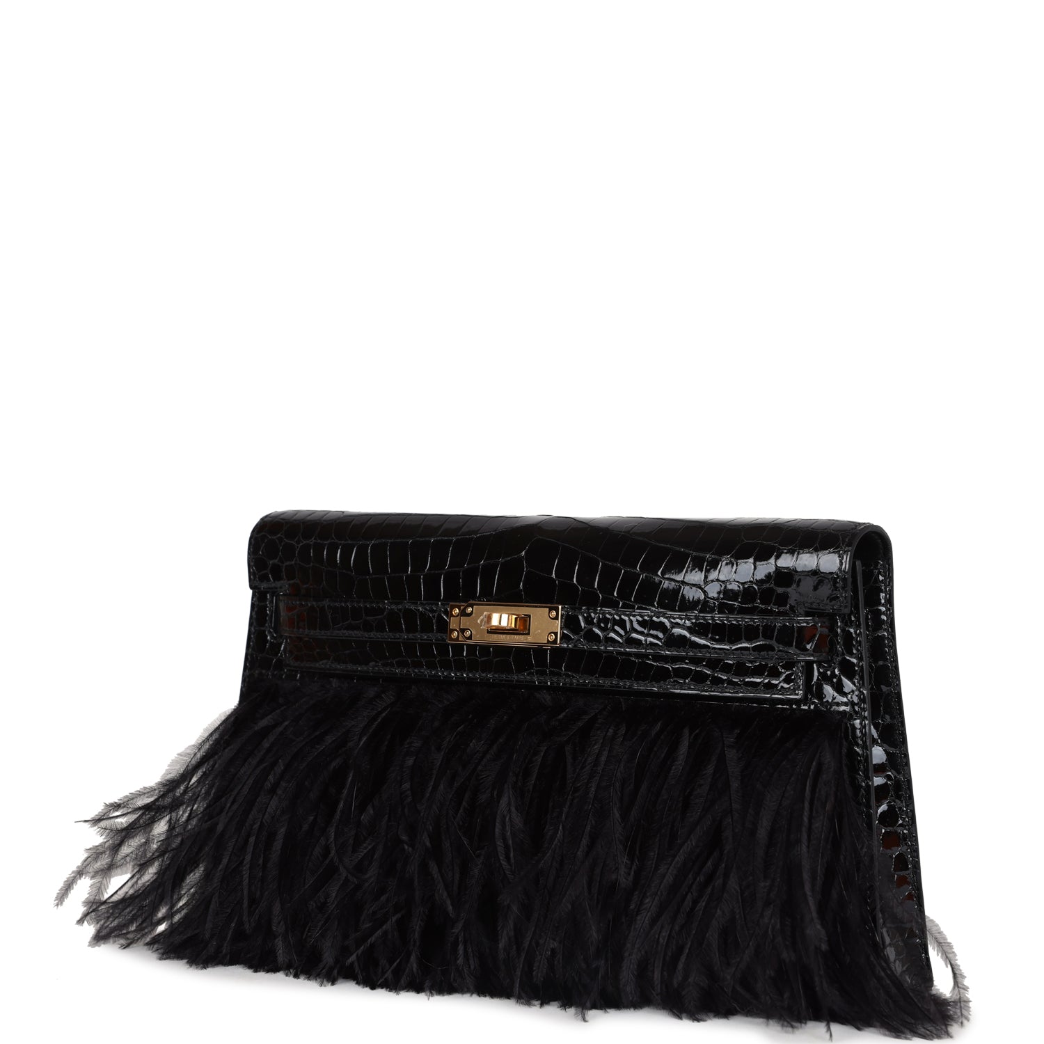 Hermes Kelly Elan Foile Black Shiny Porosus Crocodile and Ostrich Feather Gold Hardware - Exclusu