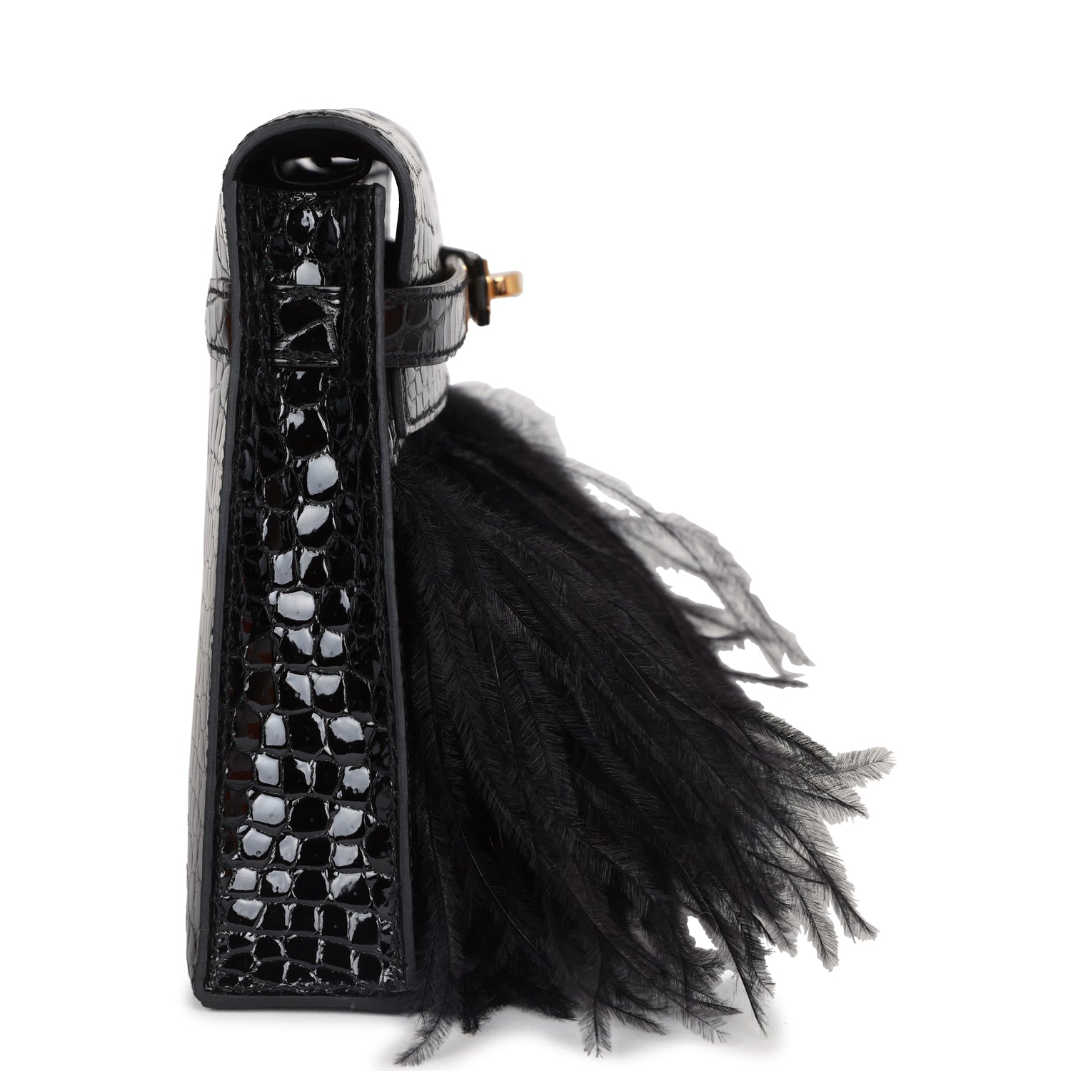 Hermes Kelly Elan Foile Black Shiny Porosus Crocodile and Ostrich Feather Gold Hardware - Exclusu
