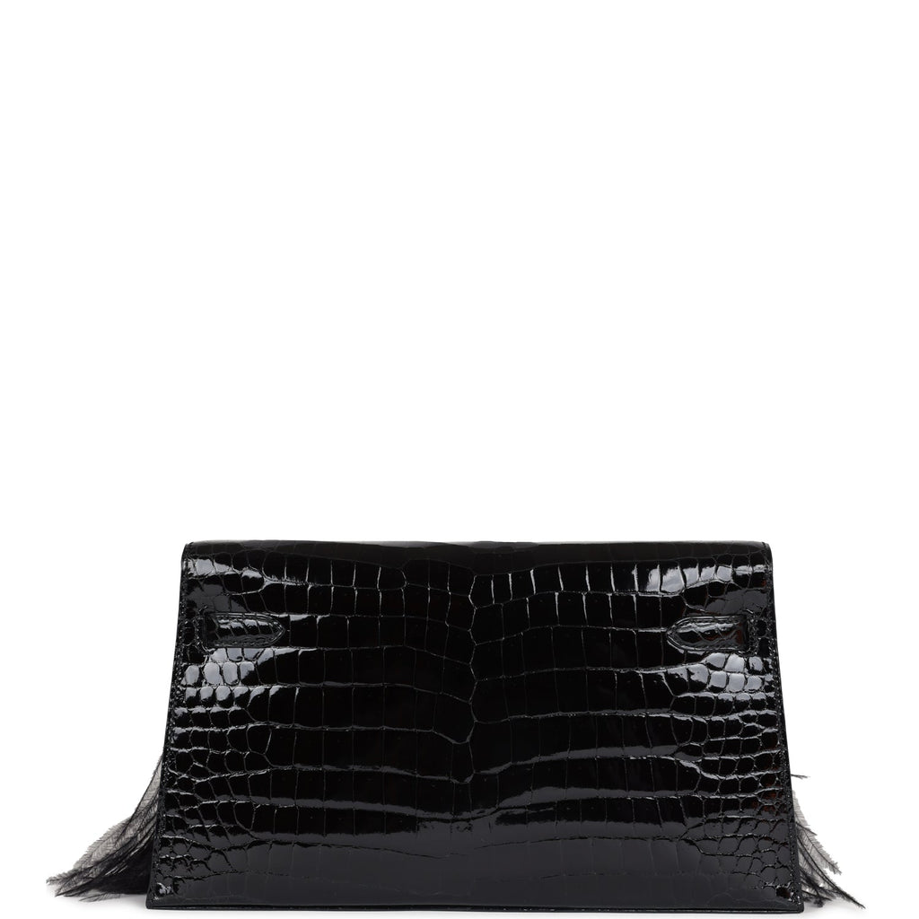 Hermes Kelly Elan Foile Black Shiny Porosus Crocodile and Ostrich Feather Gold Hardware - Exclusu