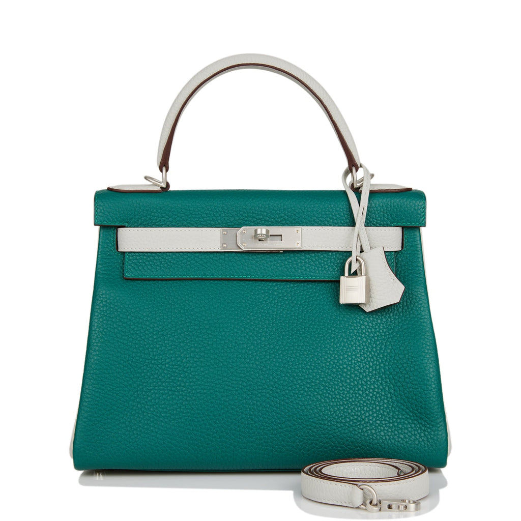 Hermes Kelly Retourne 28 Malachite and Gris Perle Clemence Brushed Palladium Hardware - Exclusu