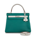 Hermes Kelly Retourne 28 Malachite and Gris Perle Clemence Brushed Palladium Hardware - Exclusu
