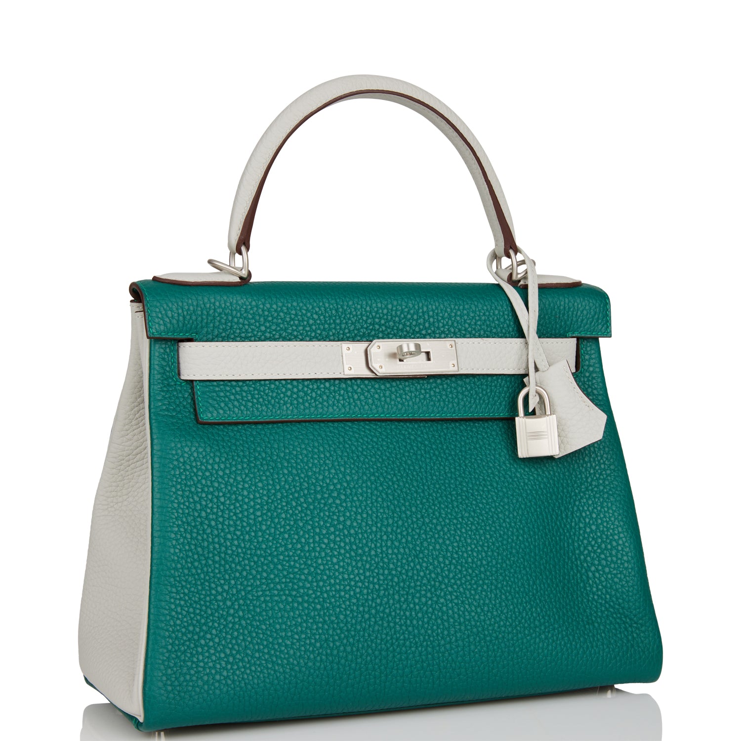 Hermes Kelly Retourne 28 Malachite and Gris Perle Clemence Brushed Palladium Hardware - Exclusu