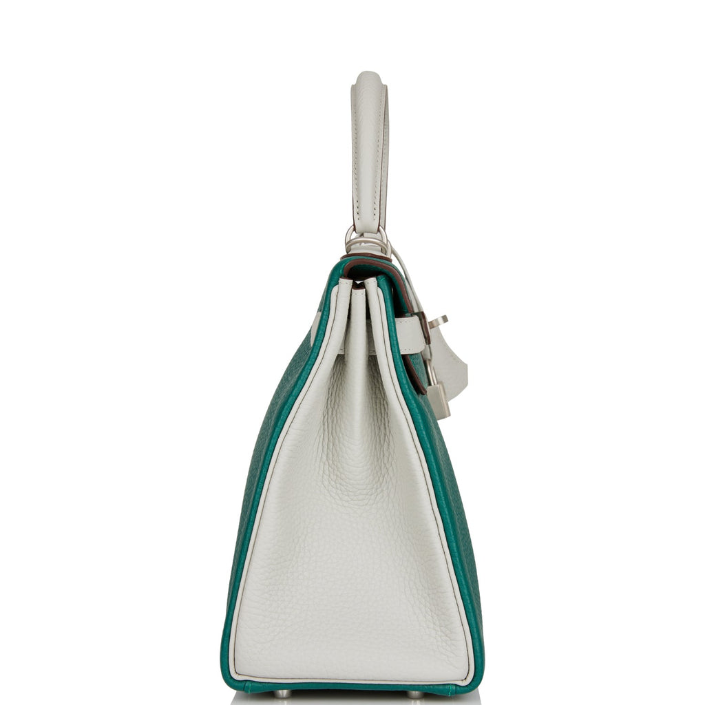 Hermes Kelly Retourne 28 Malachite and Gris Perle Clemence Brushed Palladium Hardware - Exclusu