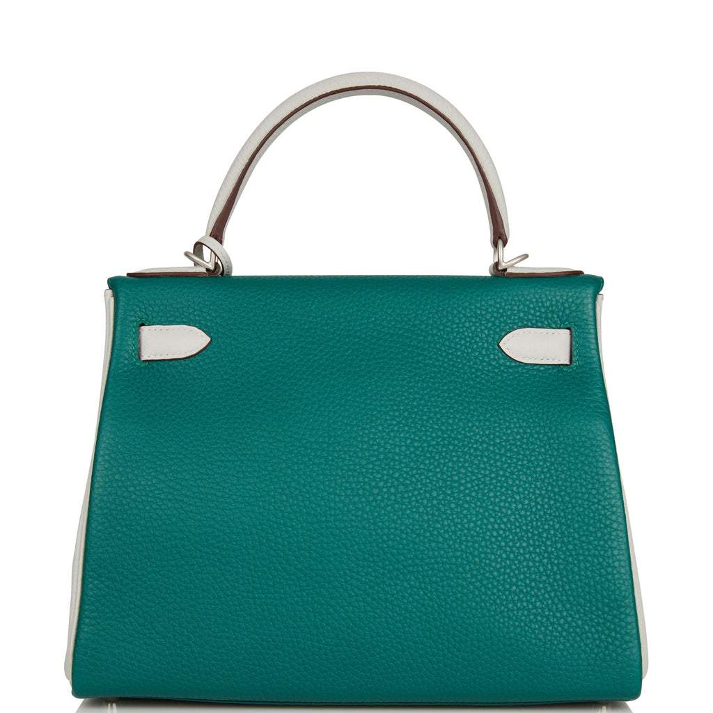 Hermes Kelly Retourne 28 Malachite and Gris Perle Clemence Brushed Palladium Hardware - Exclusu