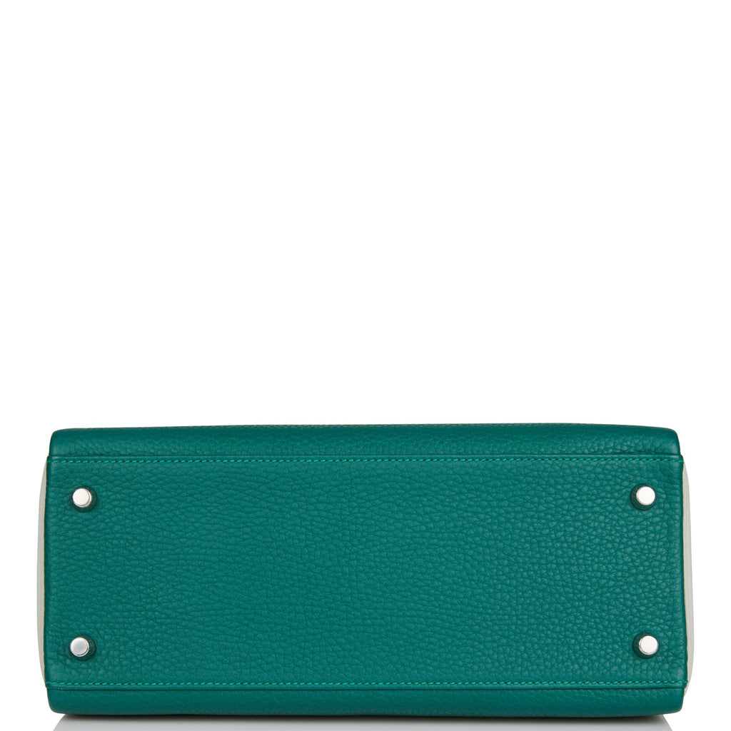 Hermes Kelly Retourne 28 Malachite and Gris Perle Clemence Brushed Palladium Hardware - Exclusu