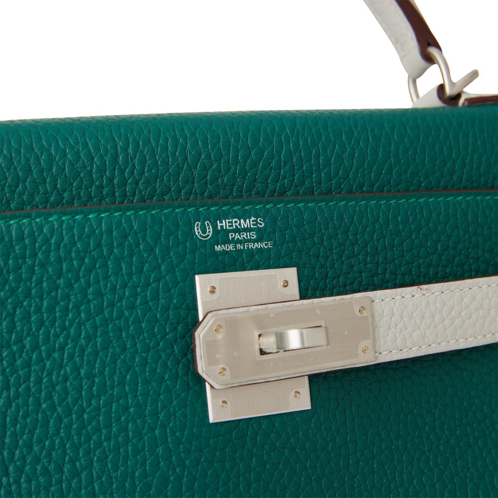 Hermes Kelly Retourne 28 Malachite and Gris Perle Clemence Brushed Palladium Hardware - Exclusu