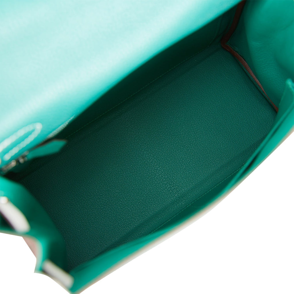 Hermes Kelly Retourne 28 Malachite and Gris Perle Clemence Brushed Palladium Hardware - Exclusu