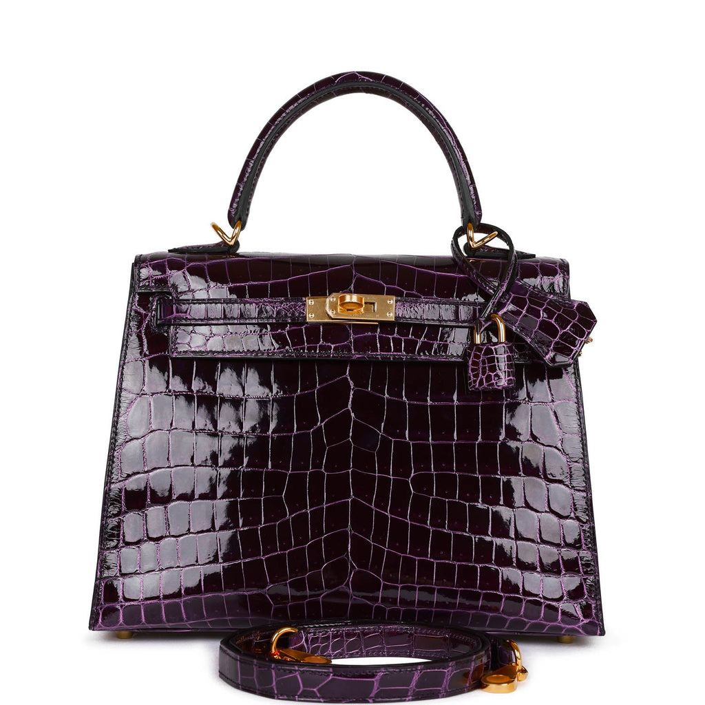 Hermes Kelly Sellier 25 Aubergine Shiny Niloticus Crocodile Gold Hardware - Exclusu