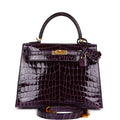 Hermes Kelly Sellier 25 Aubergine Shiny Niloticus Crocodile Gold Hardware - Exclusu