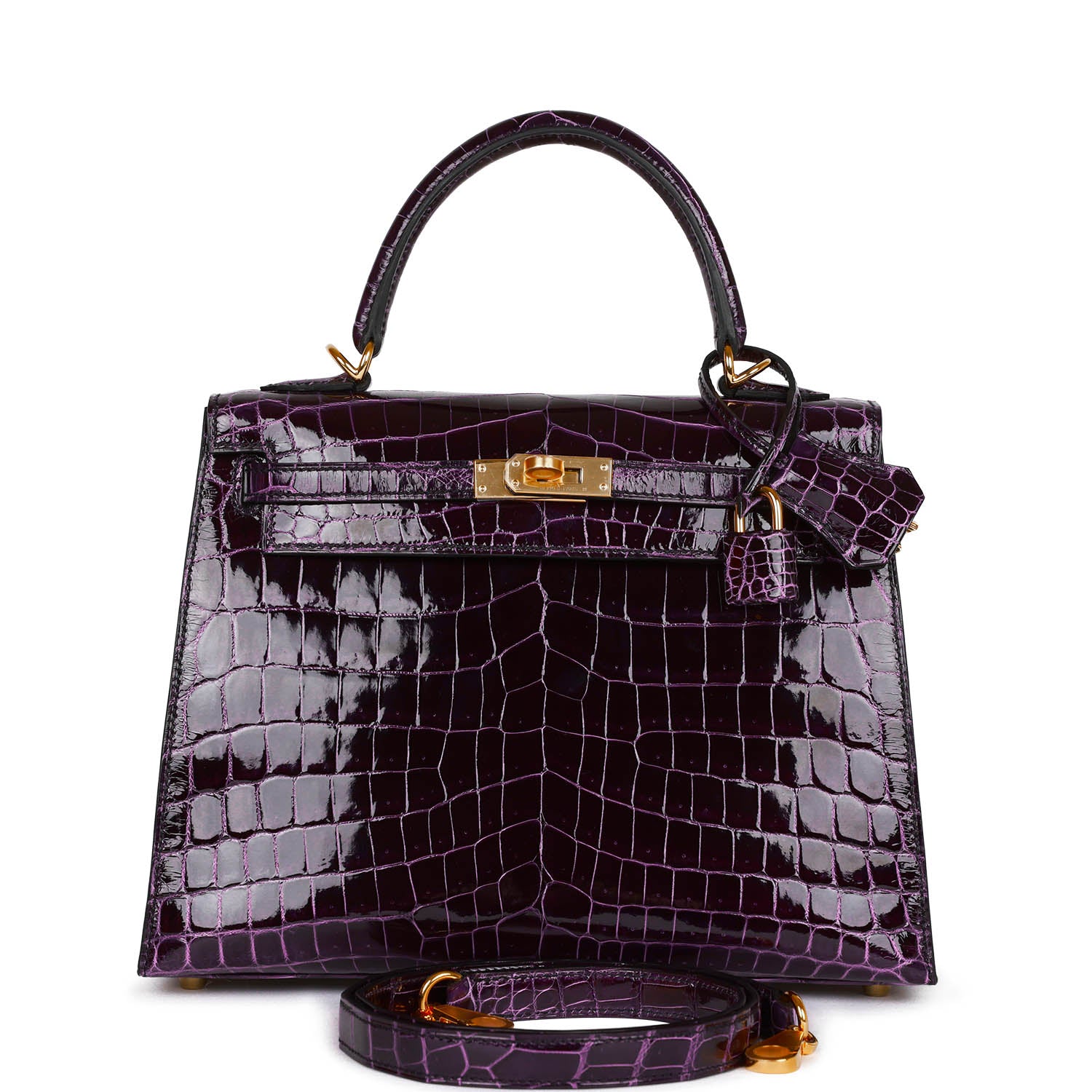 Hermes Kelly Sellier 25 Aubergine Shiny Niloticus Crocodile Gold Hardware - Exclusu