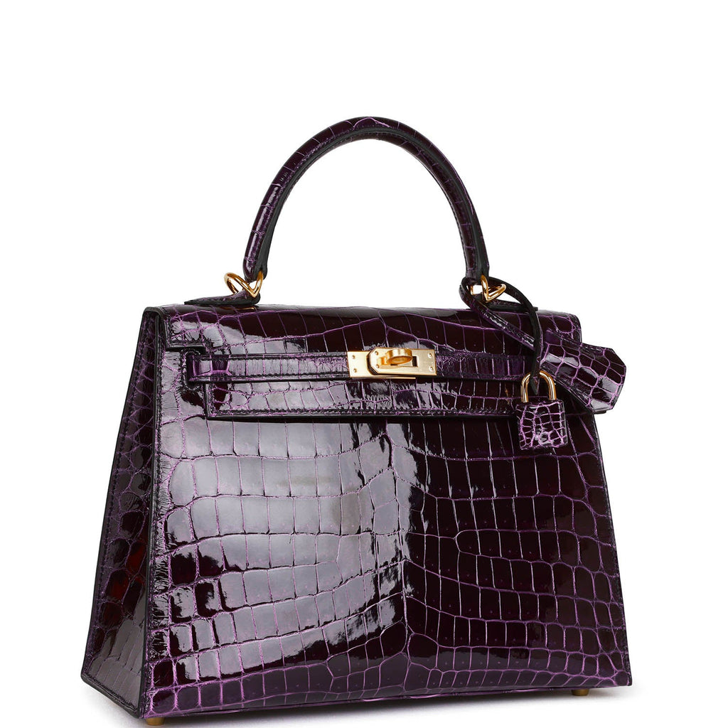 Hermes Kelly Sellier 25 Aubergine Shiny Niloticus Crocodile Gold Hardware - Exclusu
