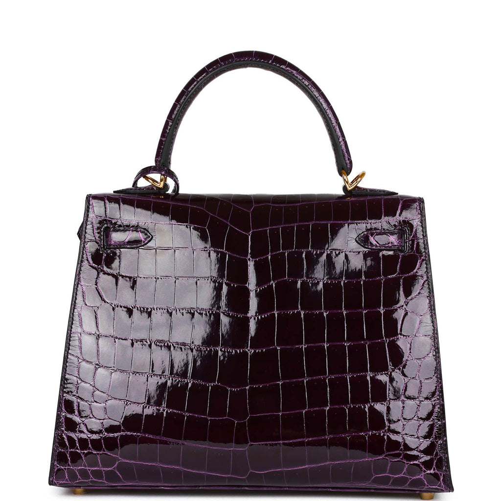 Hermes Kelly Sellier 25 Aubergine Shiny Niloticus Crocodile Gold Hardware - Exclusu