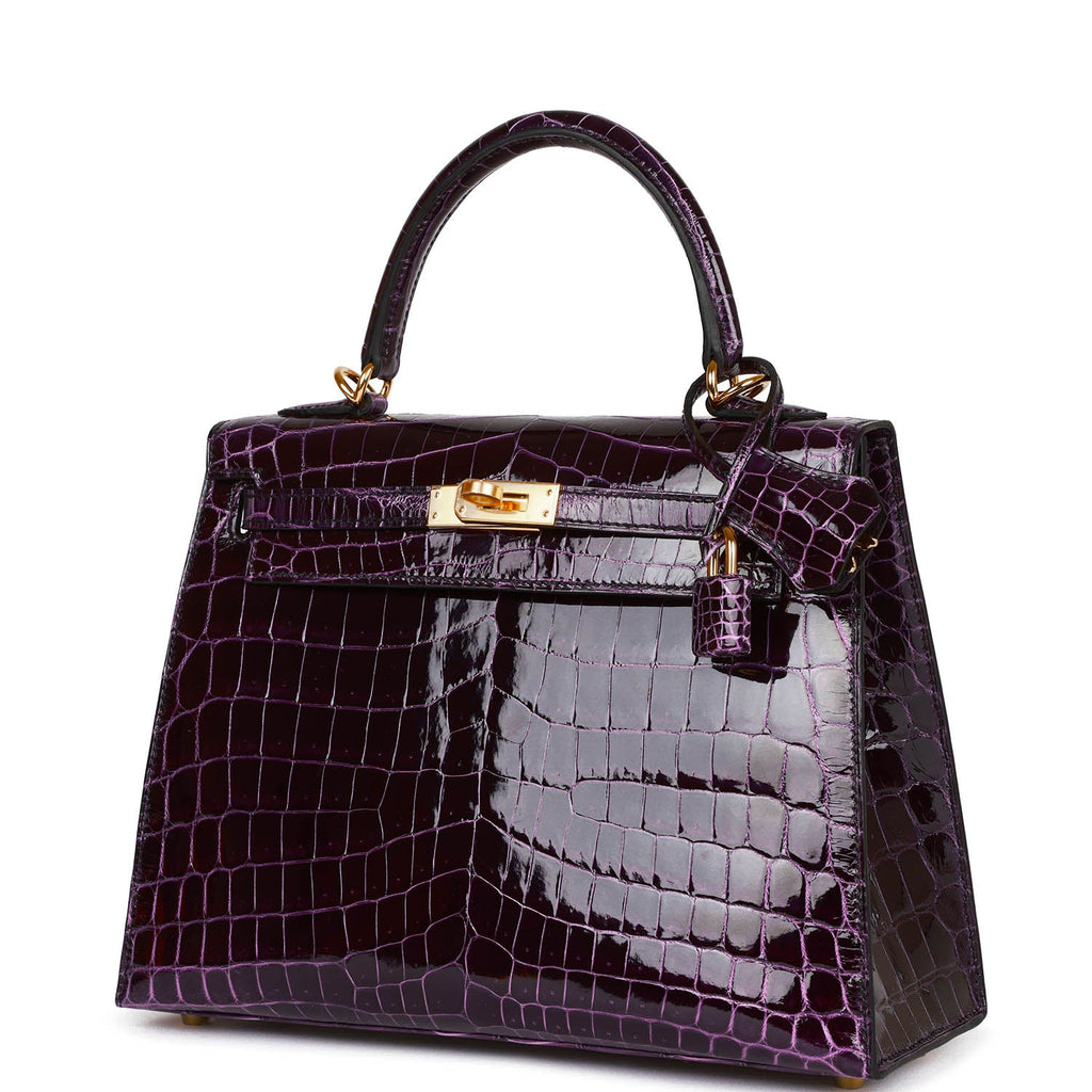 Hermes Kelly Sellier 25 Aubergine Shiny Niloticus Crocodile Gold Hardware - Exclusu