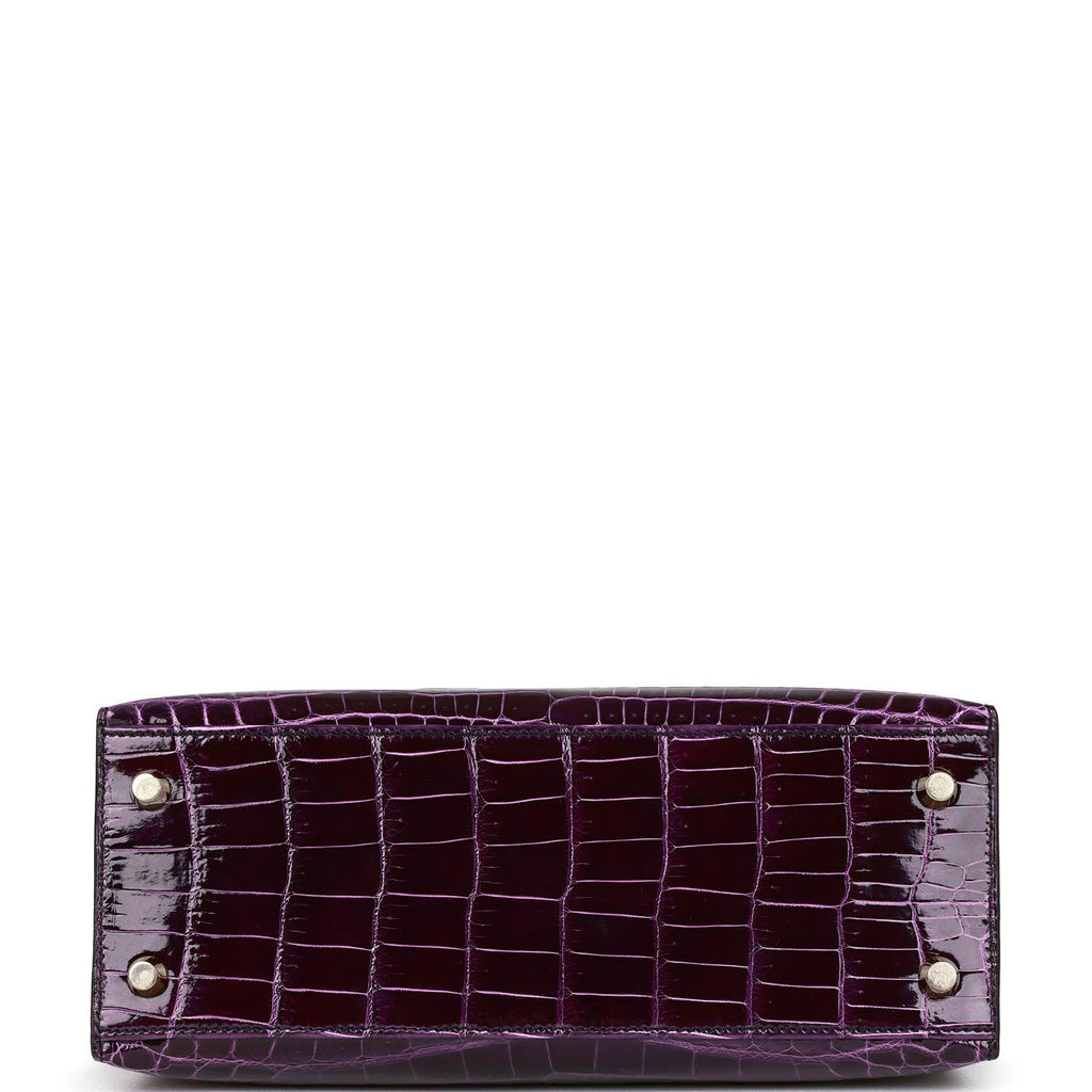 Hermes Kelly Sellier 25 Aubergine Shiny Niloticus Crocodile Gold Hardware - Exclusu