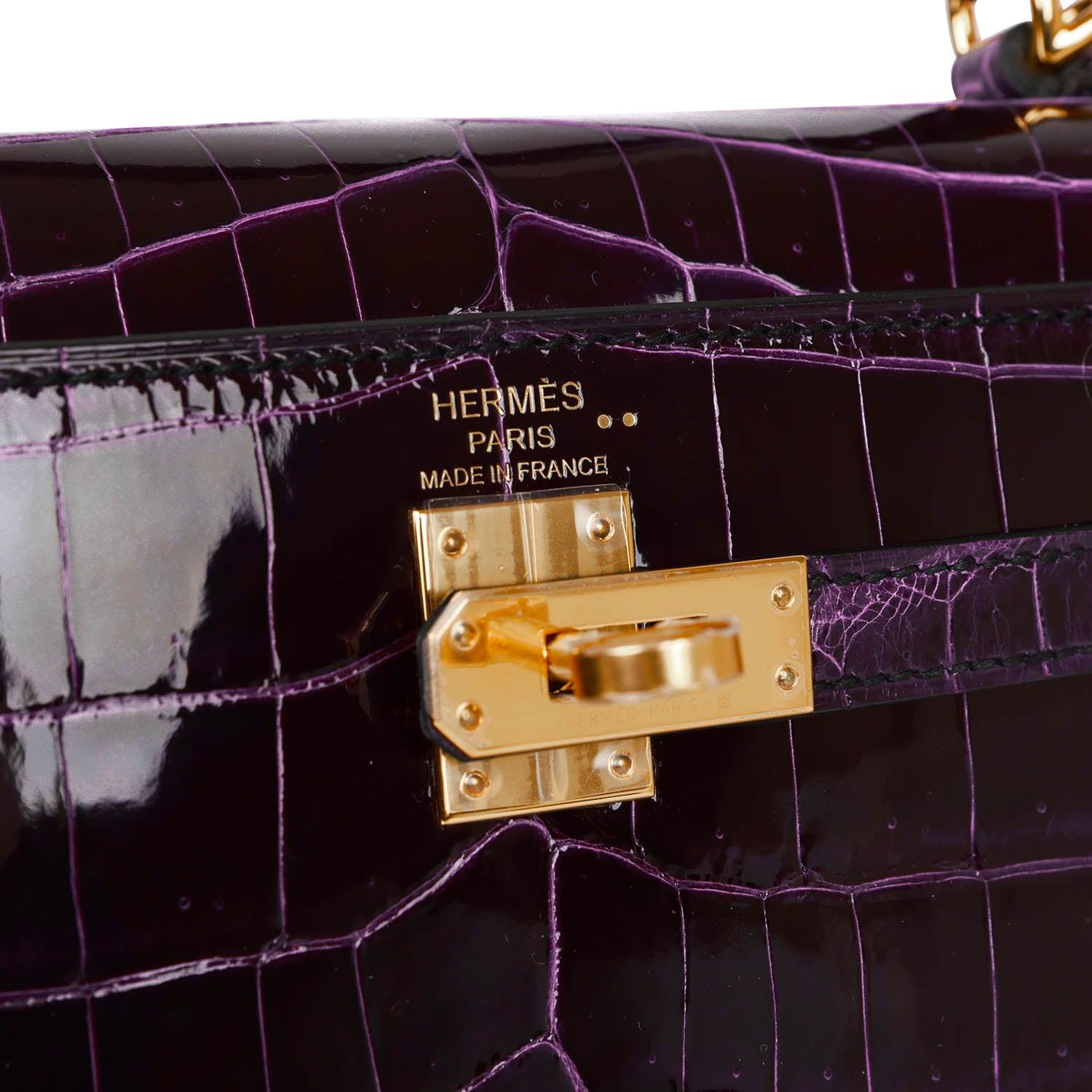 Hermes Kelly Sellier 25 Aubergine Shiny Niloticus Crocodile Gold Hardware - Exclusu