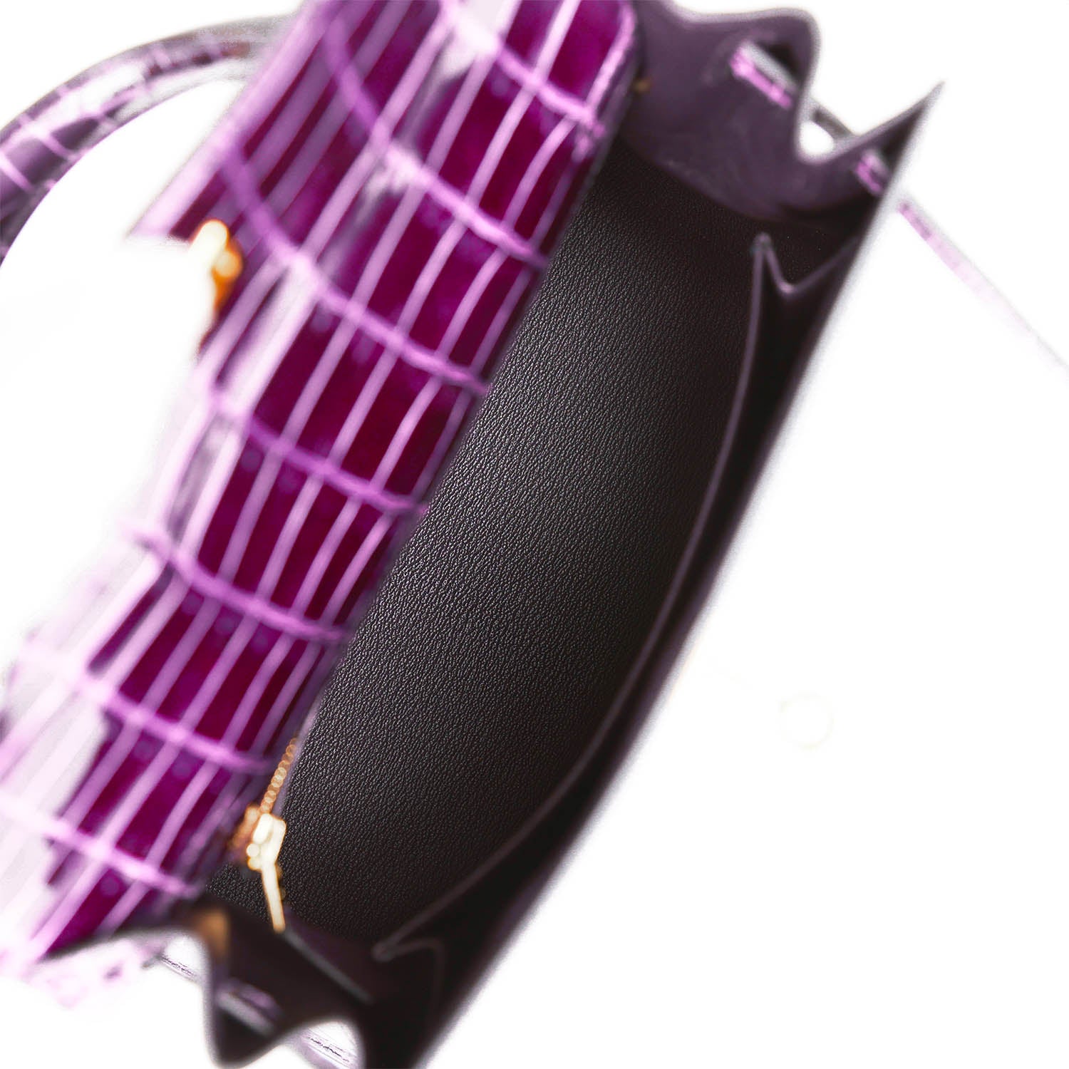 Hermes Kelly Sellier 25 Aubergine Shiny Niloticus Crocodile Gold Hardware - Exclusu